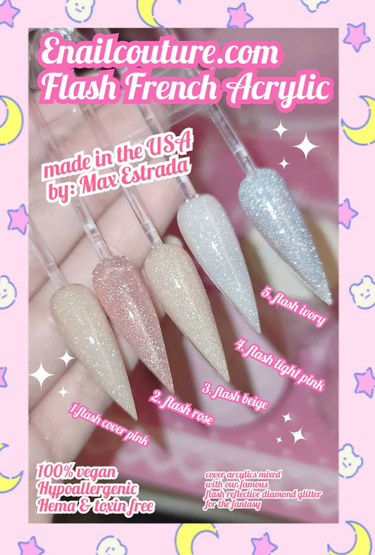 Flash French Acrylic set of 5 (Glitter Acrylic Powder(2oz), Sparkly Nail Powder for Acrylic Nails, Professional Shiny Acrylic Nail Powder for Extension Carving French Manicure)
