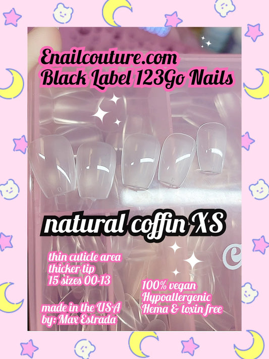 123go Black Label Nails natural coffin XS (Soft Gel Nail Tips- Clear Cover Full Nail Extensions - Pre-shaped Acrylic False Gel Nail Tips 15 Sizes for DIY Salon Nail Extensions)