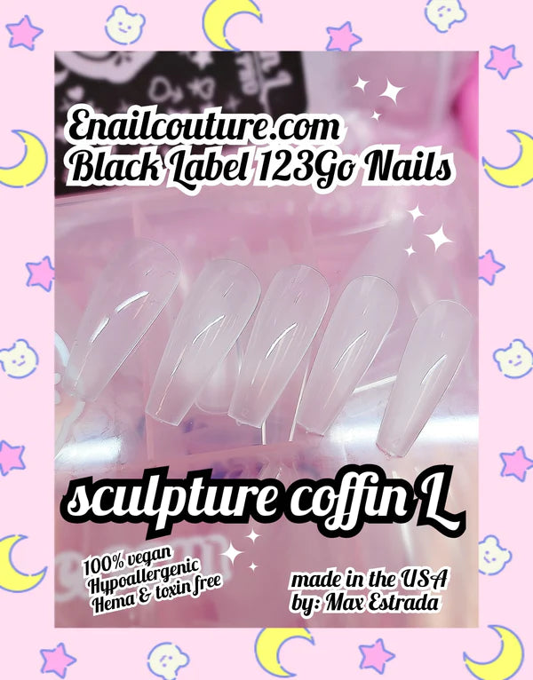 123go Black Label Nails Sculpture Coffin L (Soft Gel Nail Tips- Clear Cover Full Nail Extensions - Pre-shaped Acrylic False Gel Nail Tips 15 Sizes for DIY Salon Nail Extensions)