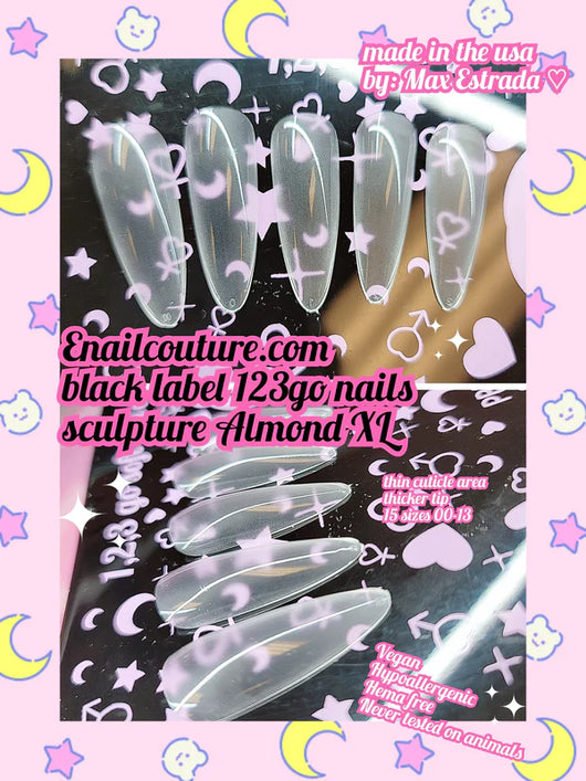 123go Black Label Nails Sculpture Almond XL (Soft Gel Nail Tips- Clear Cover Full Nail Extensions - Pre-shaped Acrylic False Gelly Nail Tips 15 Sizes for DIY Salon Nail Extensions)