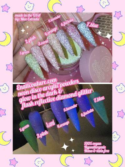 Neon Disco Acrylic Flash Glow in the Dark Powder Set of 7! (Reflective Glitter Nail Acrylic Powder,Acrylic Powder Glow in the Dark Acrylic Nail Powder Luminous Colors Professional Polymer Powder for Acrylic Nail Extension Carving)