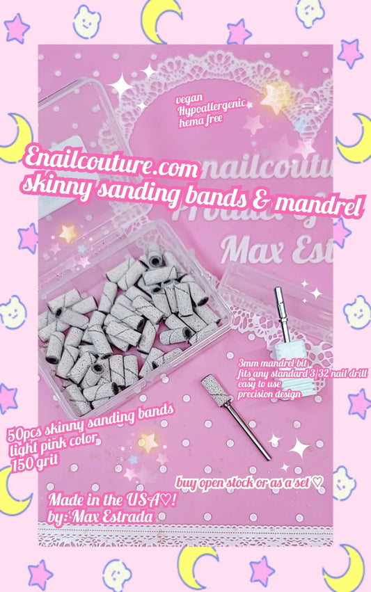 Pink Sanding Bands & Skinny Mandrel Bit ( Professional Sanding Bands Nail Manicure 150 Grit File Sand Piece Set For Nail Drill Bits)