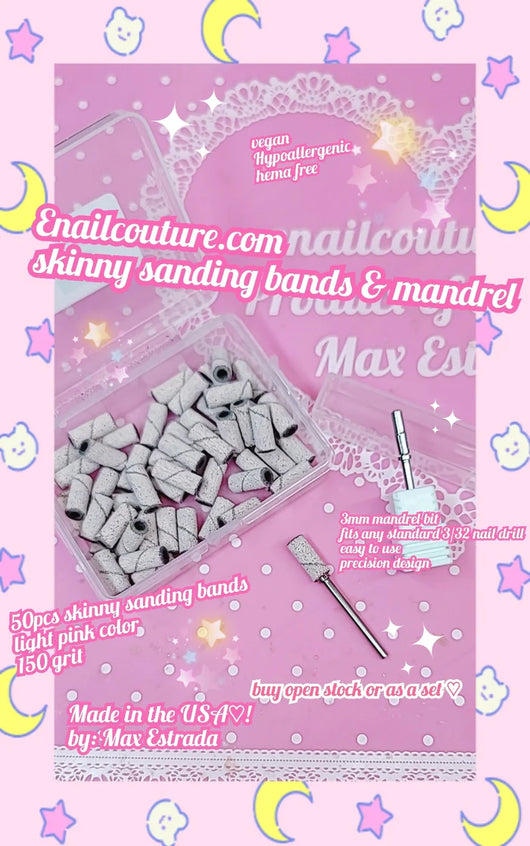 Pink Sanding Bands & Skinny Mandrel Bit ( Professional Sanding Bands Nail Manicure 150 Grit File Sand Piece Set For Nail Drill Bits)