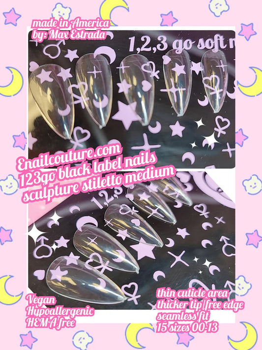 123go Black Label Nails Stiletto Sculpture M (Soft Gel Nail Tips- Clear Cover Full Nail Extensions - Pre-shaped Acrylic False Gelly Nail Tips 15 Sizes for DIY Salon Nail Extensions)