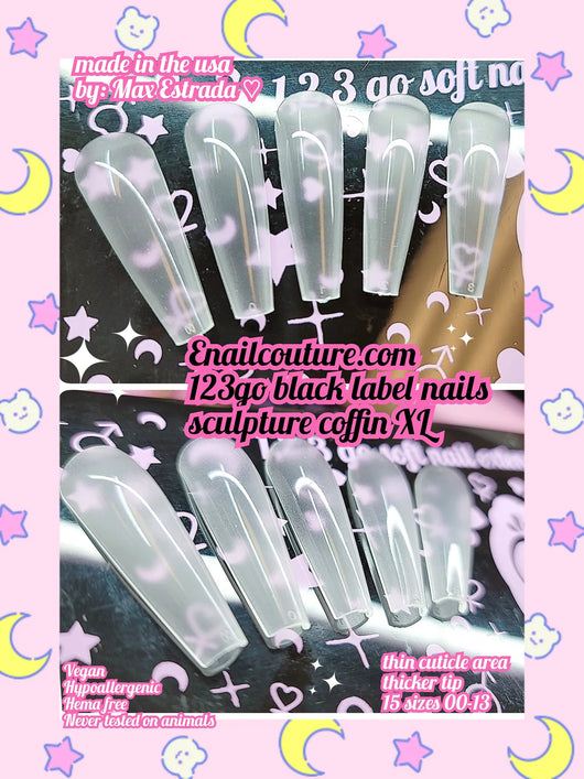 123go Black Label Nails Sculpture Coffin XL (Soft Gel Nail Tips- Clear Cover Full Nail Extensions - Pre-shaped Acrylic False Gelly Nail Tips 15 Sizes for DIY Salon Nail Extensions)